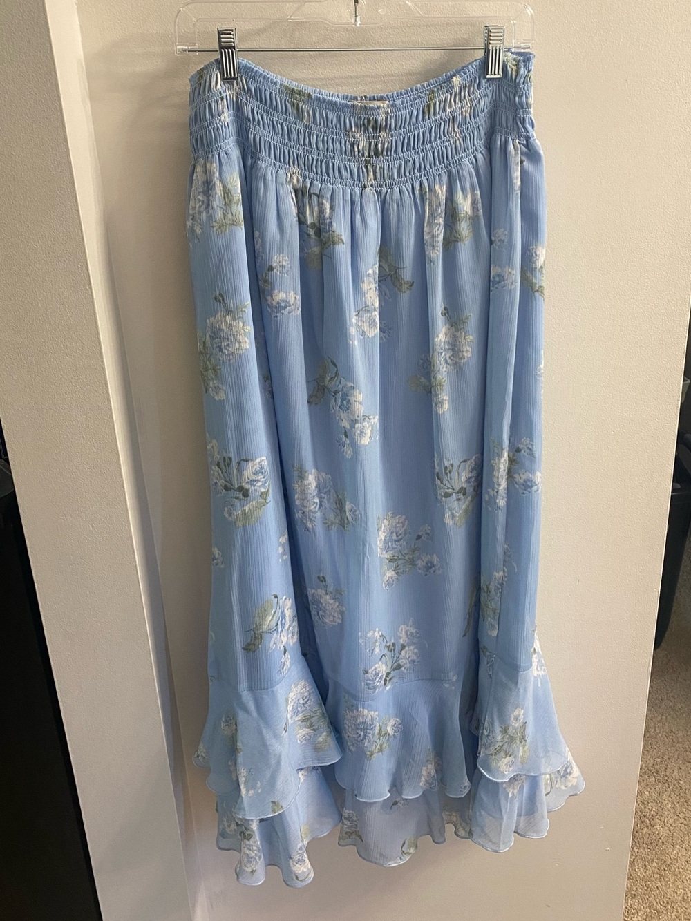 LOFT Light Blue Floral Ruffle Maxi Skirt